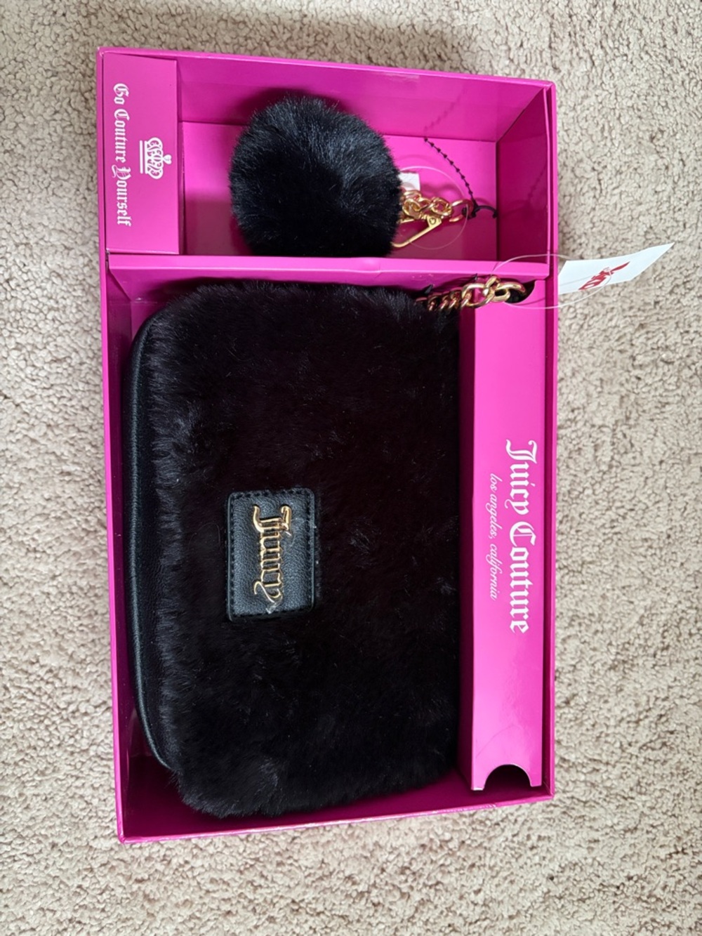 Juicy Couture Black Faux Fur Wristlet with Pom Charm